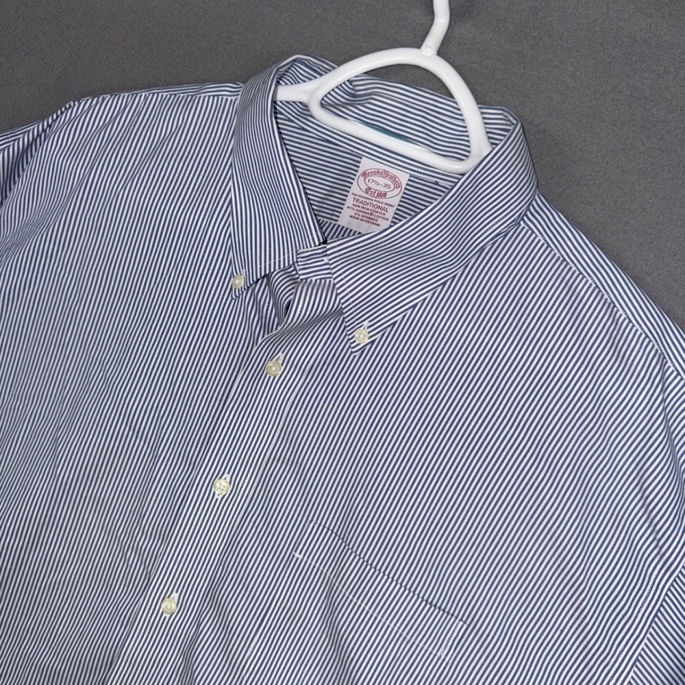 Brooks Brothers Shirt Men 17.5-35 Blue Striped Traditional Non-Iron Cotton Dress